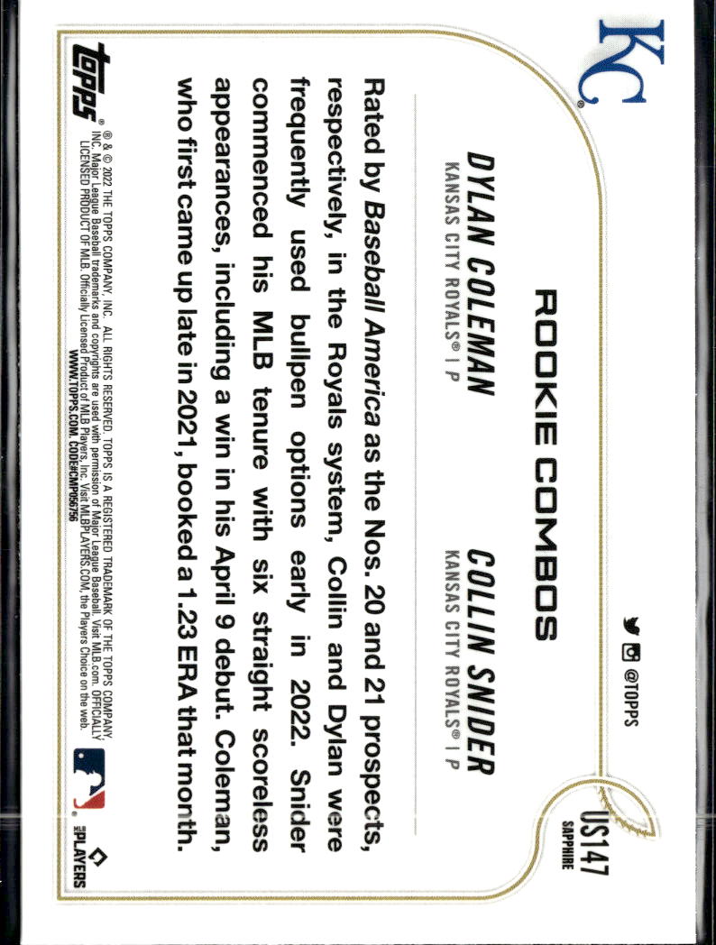 Dylan Coleman Collin Snider 2022 Topps Chrome Sapphire Kansas City Royals