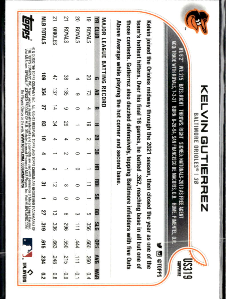 Kelvin Gutierrez 2022 Topps Chrome Sapphire Baltimore Orioles