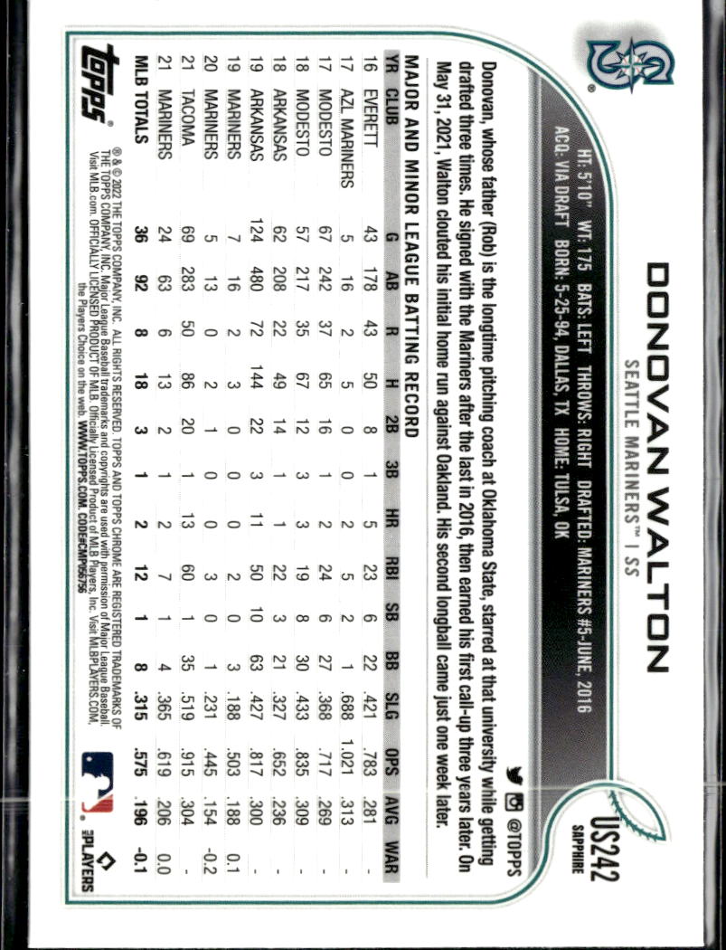 Donovan Walton 2022 Topps Chrome Sapphire Edition Update Series Seattle Mariners