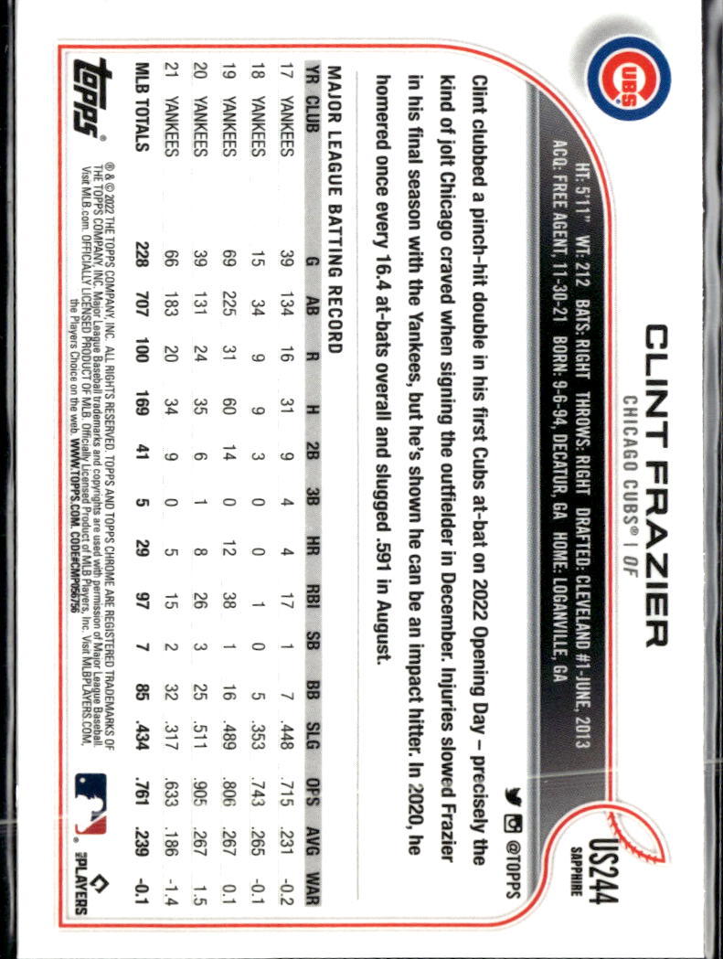 Clint Frazier 2022 Topps Chrome Sapphire Update Series Chicago Cubs