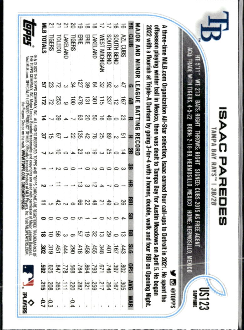 Isaac Paredes 2022 Topps Chrome Update Sapphire Edition Tampa Bay Rays