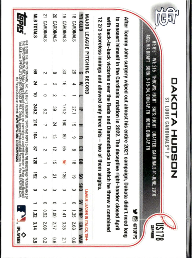 Dakota Hudson 2022 Topps Chrome Sapphire St. Louis Cardinals