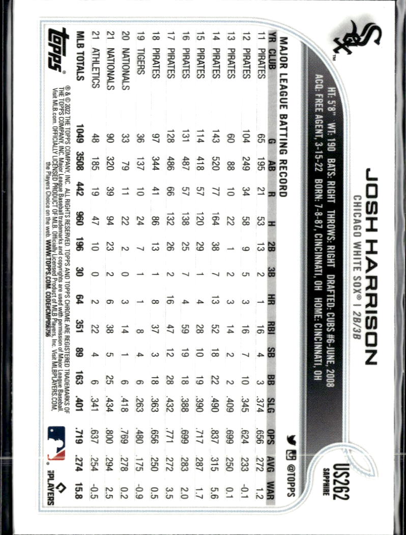 Josh Harrison 2022 Topps Chrome Sapphire Chicago White Sox