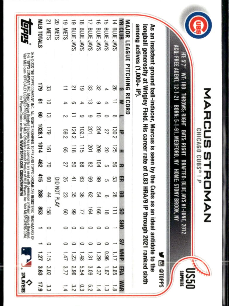 Marcus Stroman 2022 Topps Chrome Sapphire Edition Update Series Chicago Cubs