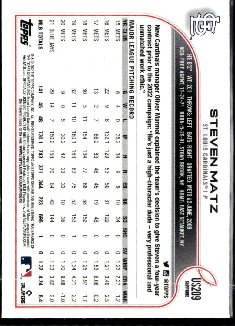 Steven Matz 2022 Topps Chrome Sapphire Update Series St. Louis Cardinals