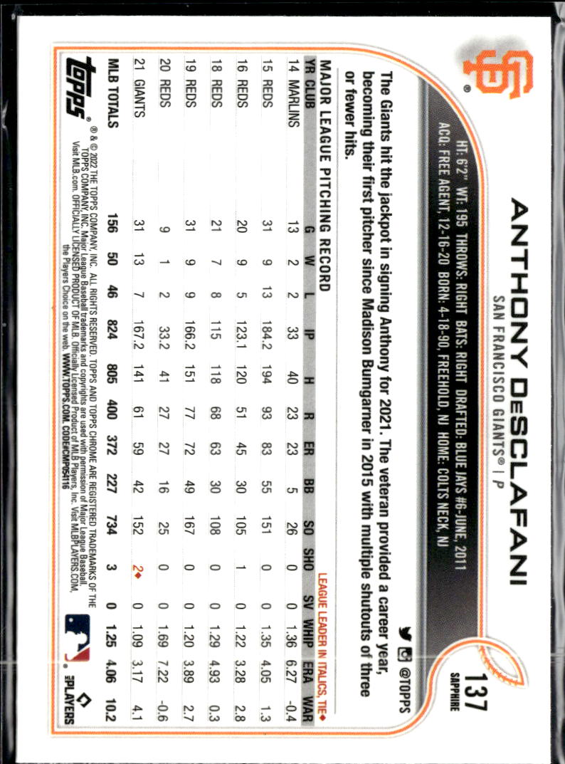 Anthony DeSclafani 2022 Topps Chrome Sapphire Edition San Francisco Giants