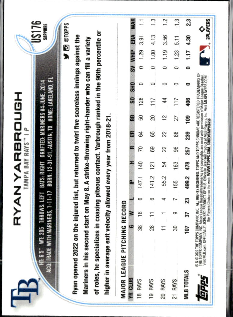 Ryan Yarbrough 2018 Topps Chrome Sapphire Edition Update Series Tampa Bay Rays