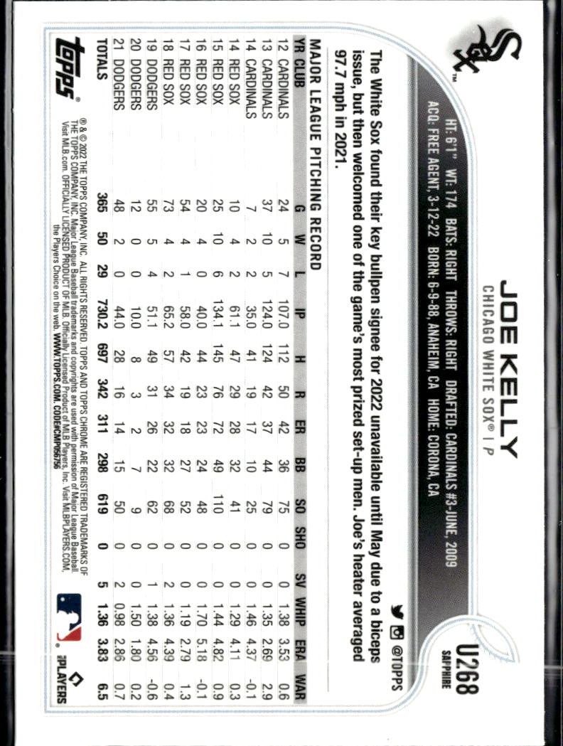 Joe Kelly 2022 Topps Chrome Sapphire Edition Update Series Chicago White Sox