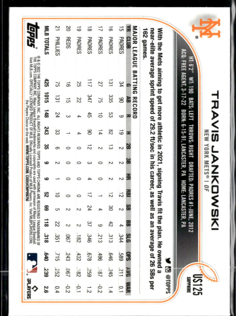 Travis Jankowski 2022 Topps Chrome Update Sapphire Edition New York Mets