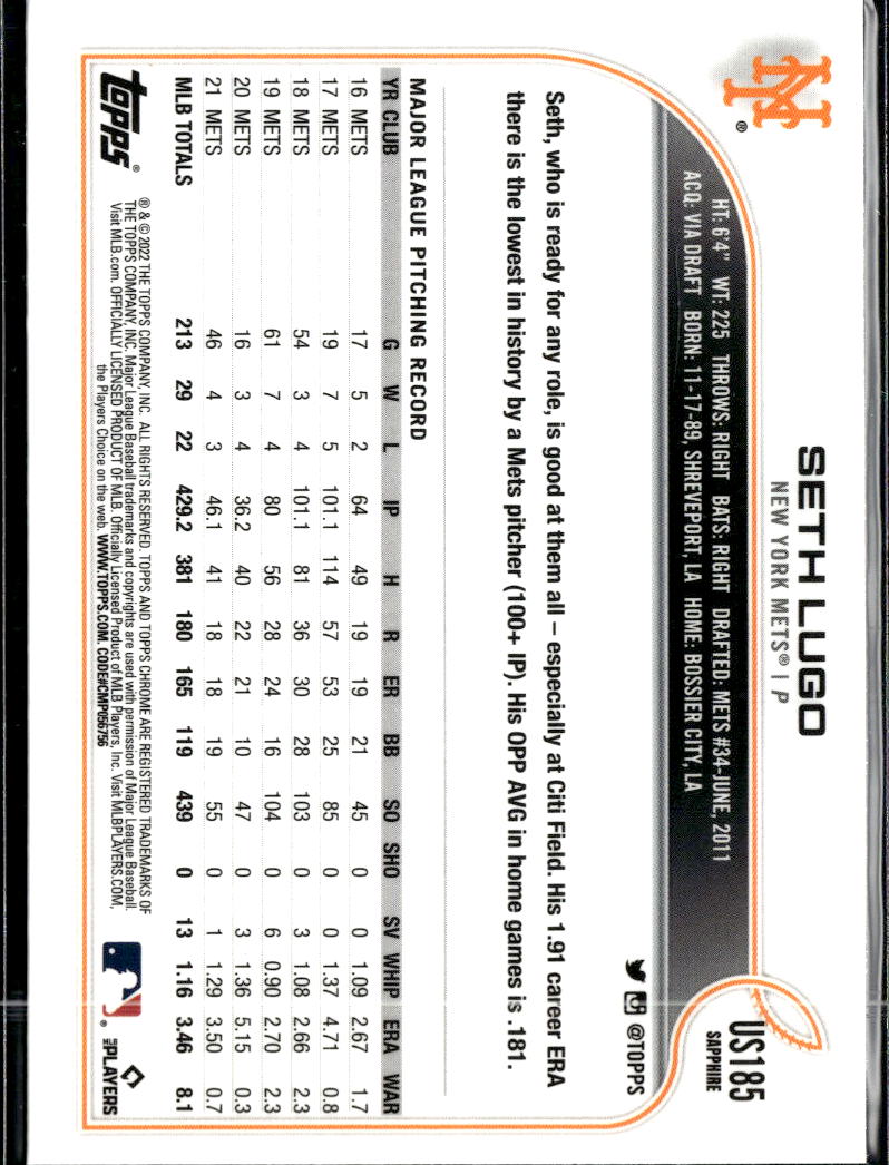 Seth Lugo 2022 Topps Chrome Sapphire Edition Update Series New York Mets