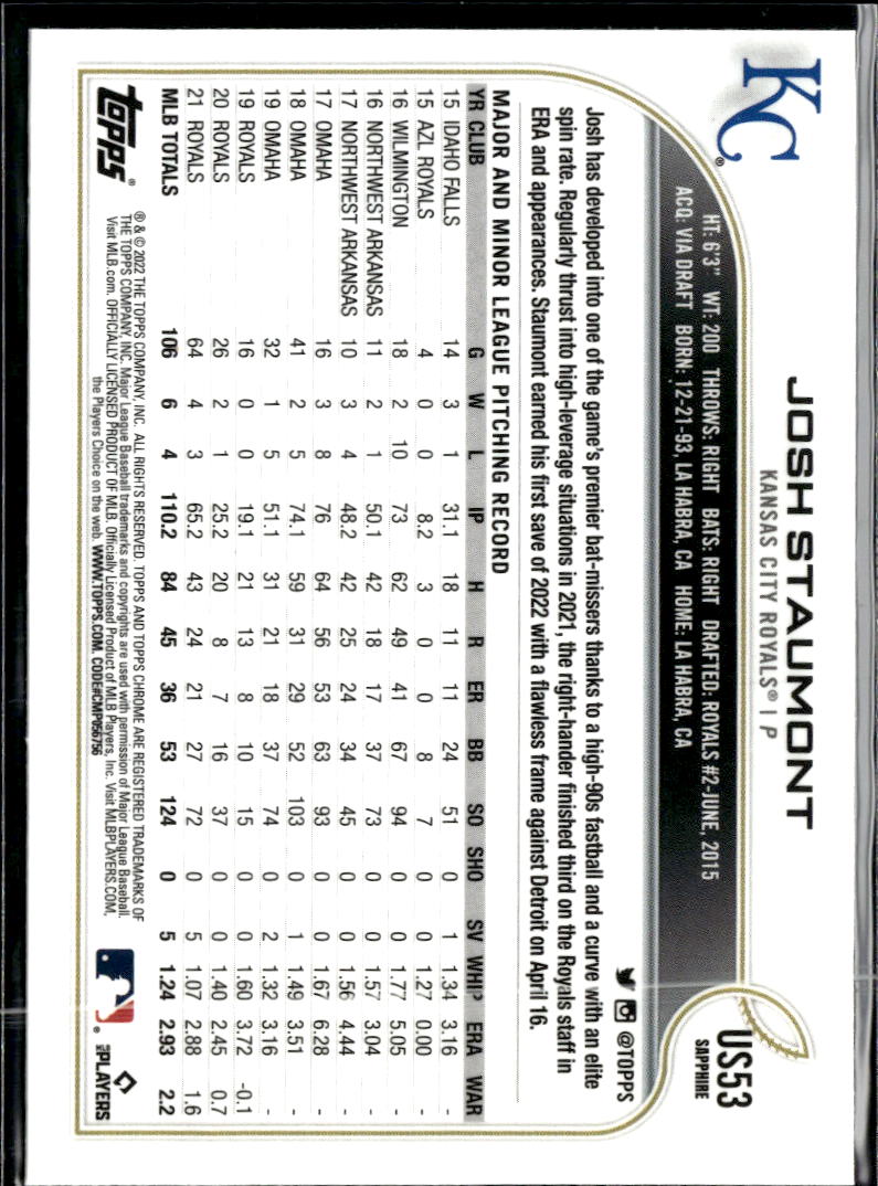 Josh Staumont 2022 Topps Chrome Sapphire Edition Kansas City Royals