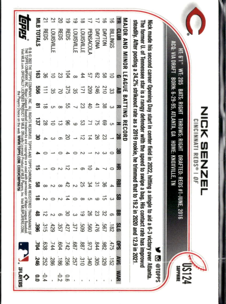 Nick Senzel 2022 Topps Chrome Update Sapphire Edition Cincinnati Reds