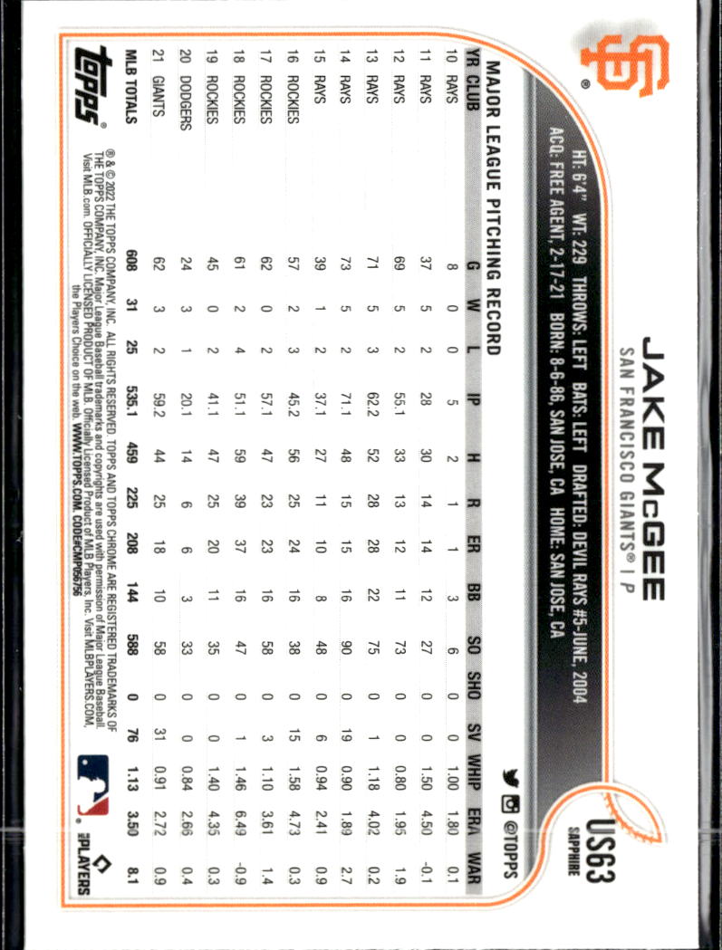 Jake McGee 2022 Topps Chrome Sapphire Edition Update Series San Francisco Giants