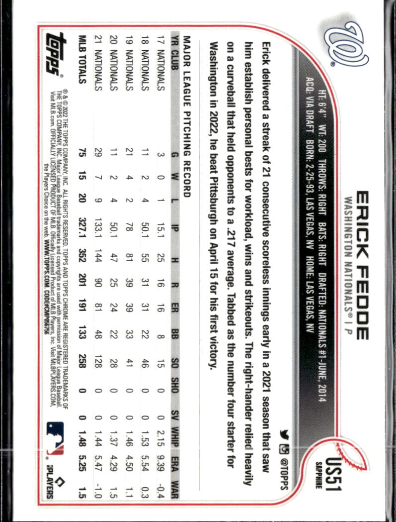 Erick Fedde 2022 Topps Chrome Update Sapphire Edition Washington Nationals