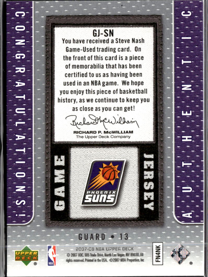 Steve Nash 2007-08 Upper Deck Game Worn Jersey Patch Phoenix Suns