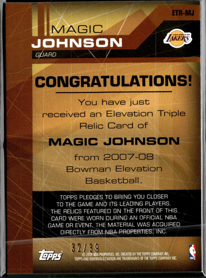 Magic Johnson 2007 Bowman Elevation Game Worn Jersey Patch 32/39 LA Lakers