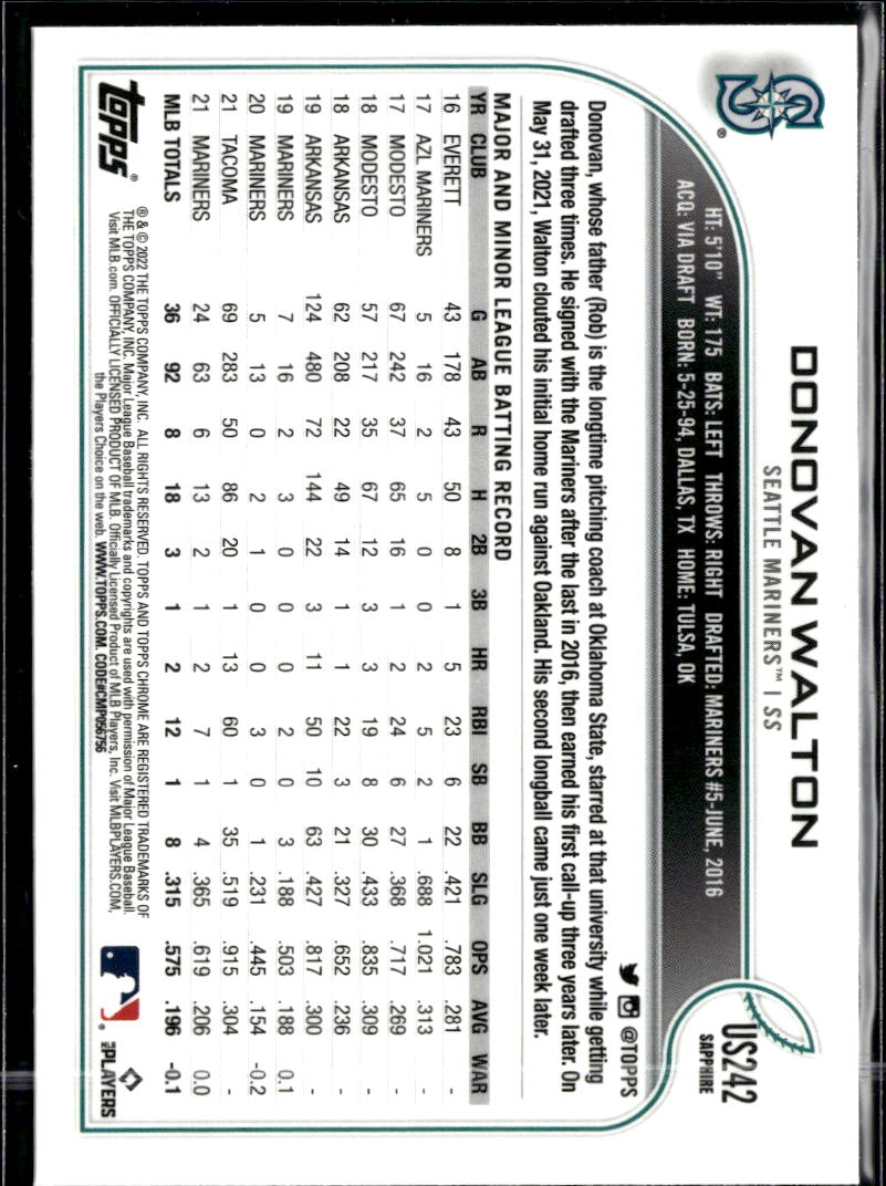 Donovan Walton 2022 Topps Chrome Update Sapphire Edition Seattle Mariners