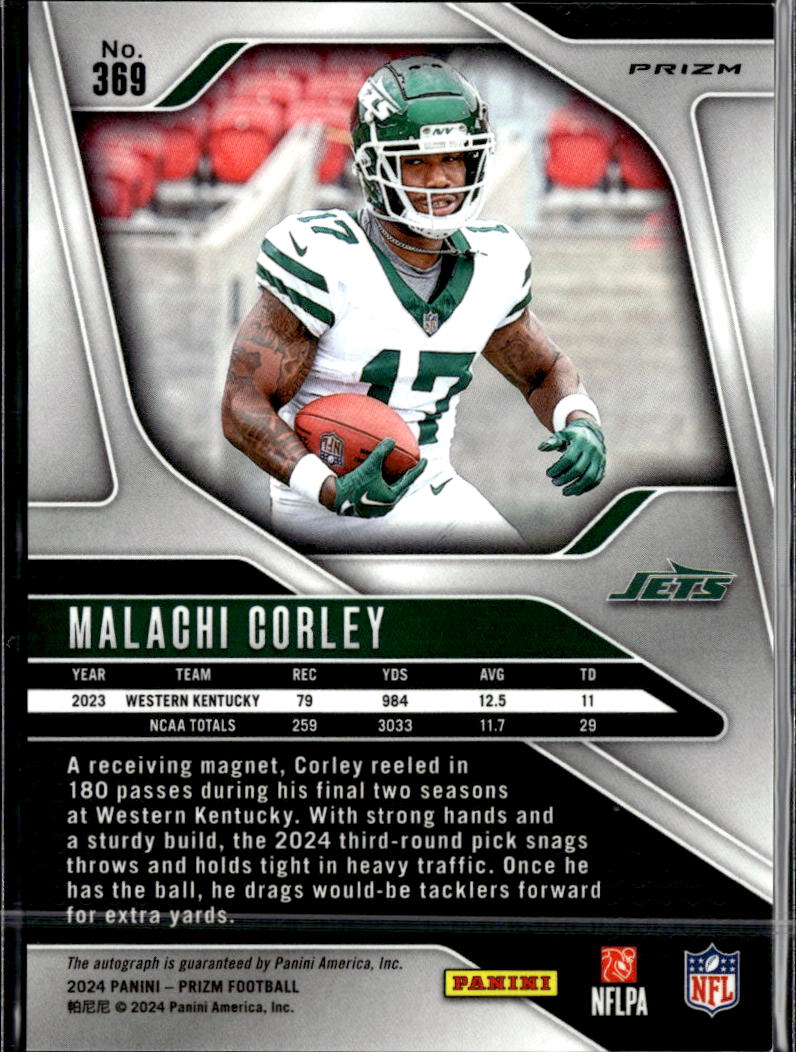 Malachi Corley 2024 Prizm Auto Autograph RC New York Jets