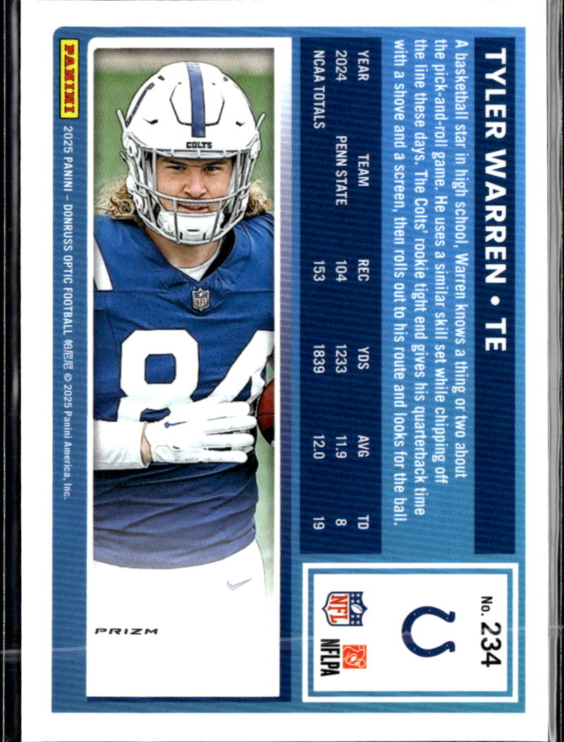 Tyler Warren 2025 Optic Rated Rookie Purple Shock Indianapolis Colts