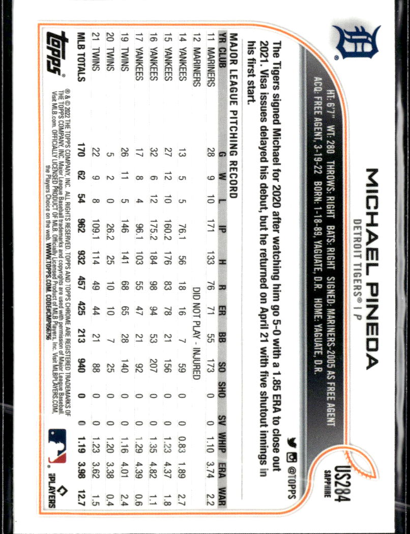 Michael Pineda 2022 Topps Chrome Sapphire Edition Update Series Detroit Tigers