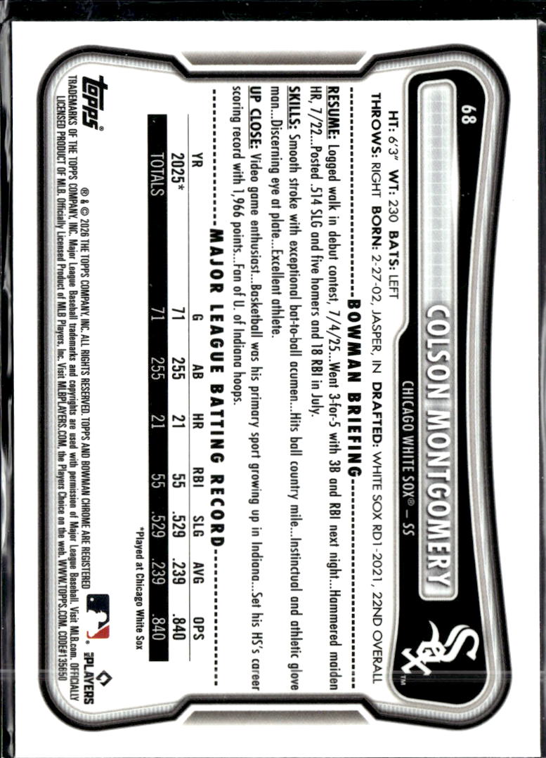 Colson Montgomery 2026 Bowman Chrome RED Rookie RC Chicago White Sox