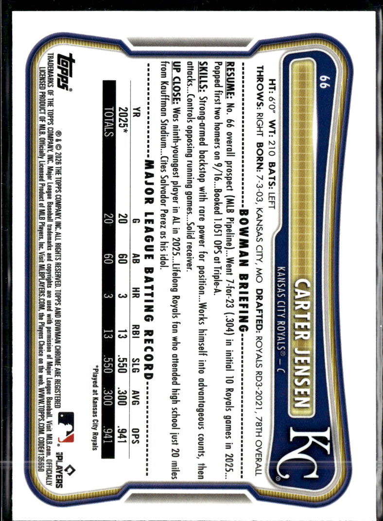 Carter Jensen 2026 Bowman Chrome RED Rookie RC Kansas City Royals