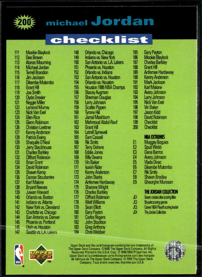 Michael Jordan 1996 Upper Deck Collector's Choice Checklist GOLD Chicago Bulls