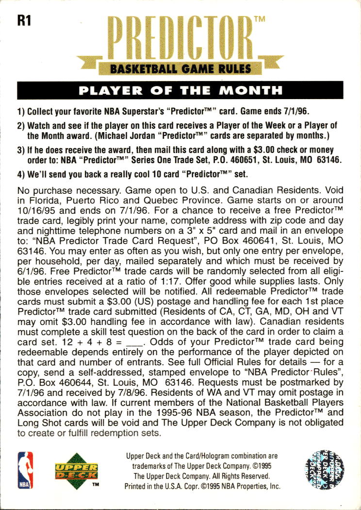 Michael Jordan 1995 Upper Deck Predictor Player of the Month #R1 Chicago Bulls