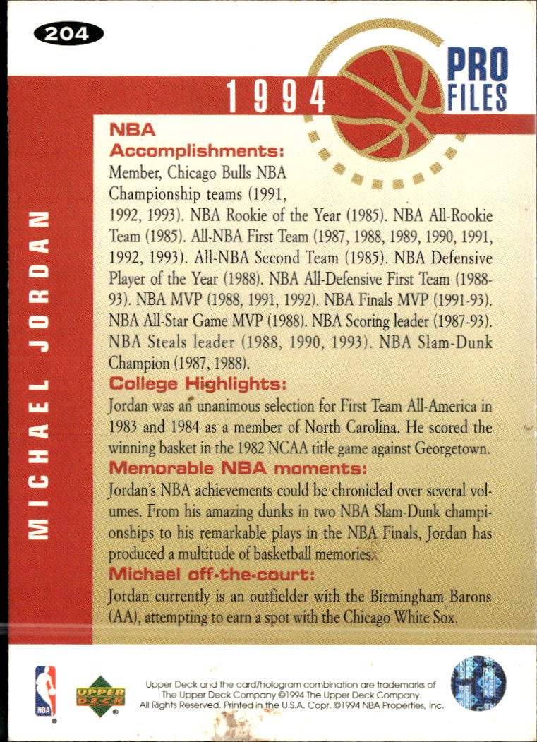 Michael Jordan 1994 Upper Deck Collector's Choice #204 Chicago Bulls