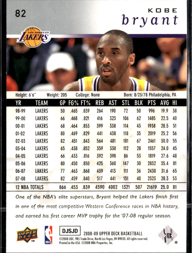 Kobe Bryant 2008-09 Upper Deck #82 Los Angeles Lakers
