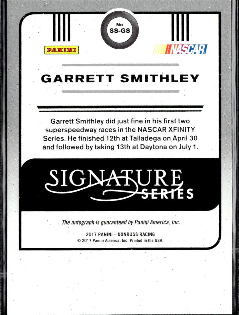 Garrett Smithley 2017 Donruss Racing Signature Series Auto Autograph