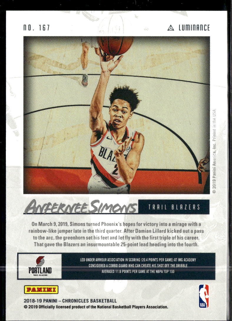 Anfernee Simons 2018-19 Luminance Red RC /149 Portland Trail Blazers