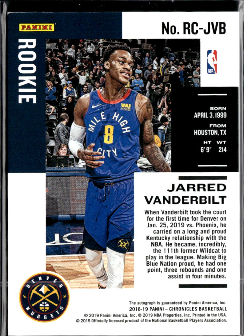 Jarred Vanderbilt 2018-19 Chronicles Auto Autograph RC /49 Denver Nuggets