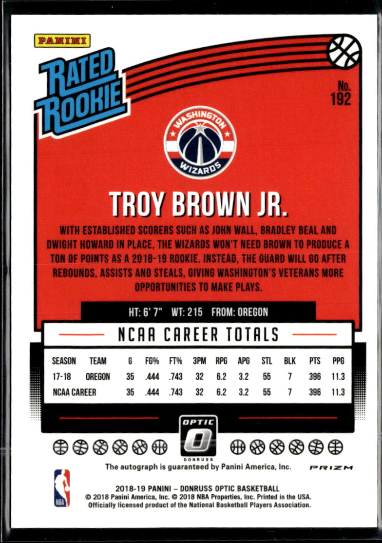 Troy Brown Jr. 2018-19 Optic Auto Autograph RC Red Washington Wizards