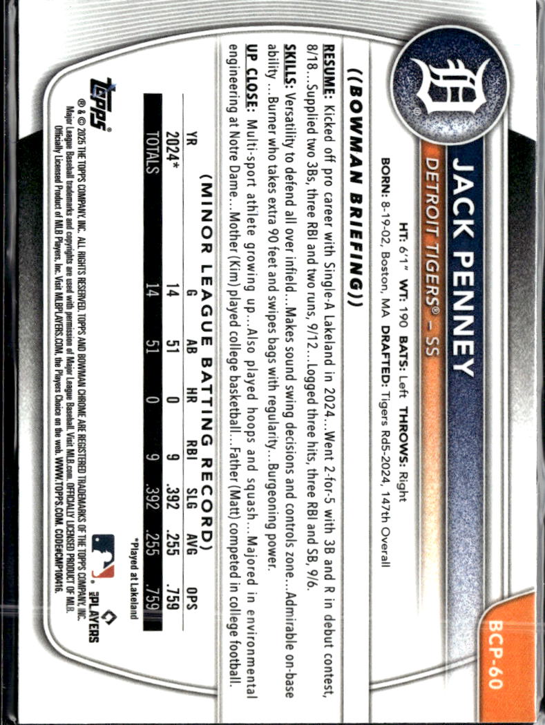Jack Penney 2025 Bowman Chrome 1st Sapphire Detroit Tigers