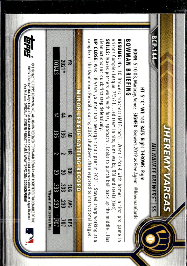 Jheremy Vargas 2022 Bowman Chrome Sapphire 1st Milwaukee Brewers