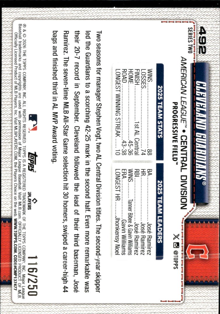 Cleveland Guardians 2026 Topps Series Two Purple Team Card /250