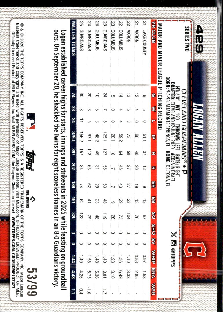 Logan Allen 2026 Topps Series Two Green /99 Cleveland Guardians