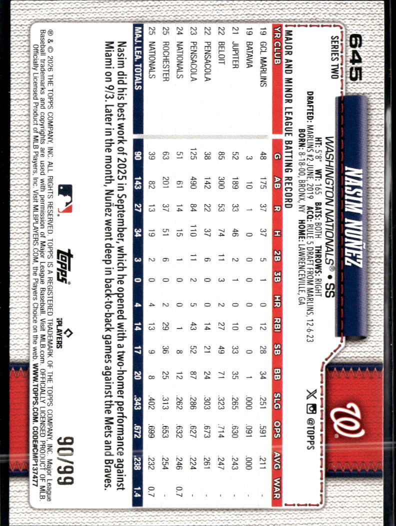 Nasim Nunez 2026 Topps Series Two Green /99 Washington Nationals