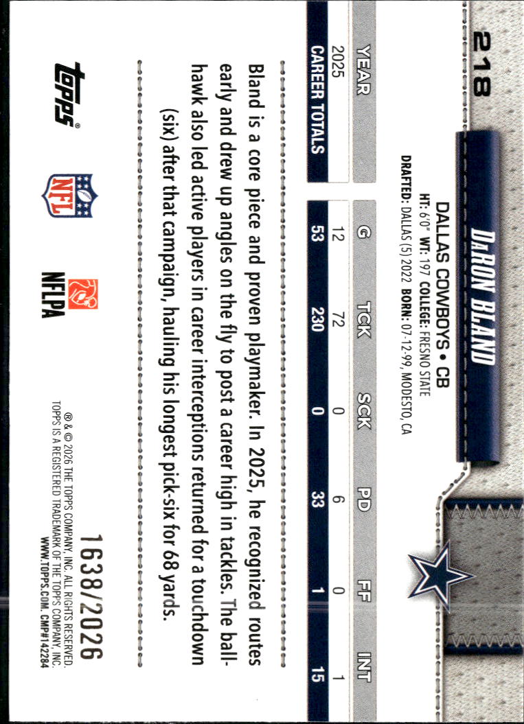 DaRon Bland 2026 Topps 1638/2026 Gold Dallas Cowboys