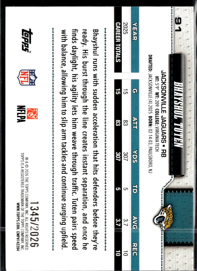 Bhayshul Tuten 2026 Topps 1345/2026 Gold Jacksonville Jaguars