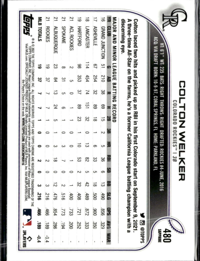 Colton Welker 2022 Topps Chrome Sapphire Edition RC Colorado Rockies
