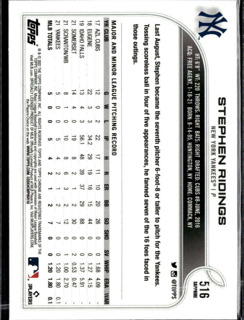 Stephen Ridings 2022 Topps Chrome Sapphire Edition RC New York Yankees