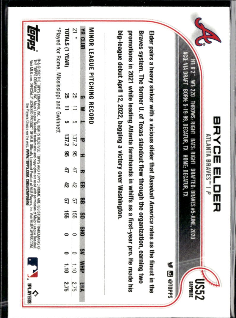 Bryce Elder 2022 Topps Chrome Update Sapphire Edition RC Atlanta Braves