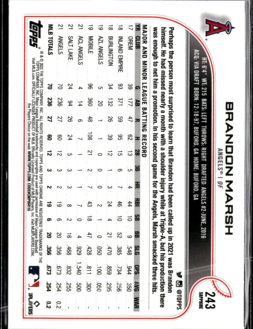 Brandon Marsh 2022 Topps Chrome Sapphire Edition RC Los Angeles Angels