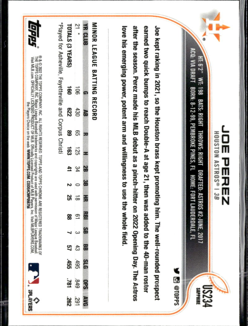 Joe Perez 2022 Topps Chrome Update Sapphire Edition RC Houston Astros