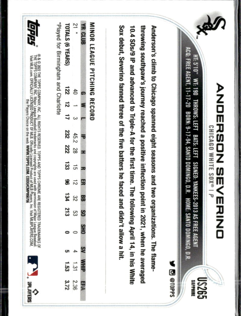 Anderson Severino 2022 Topps Chrome Sapphire RC Chicago White Sox