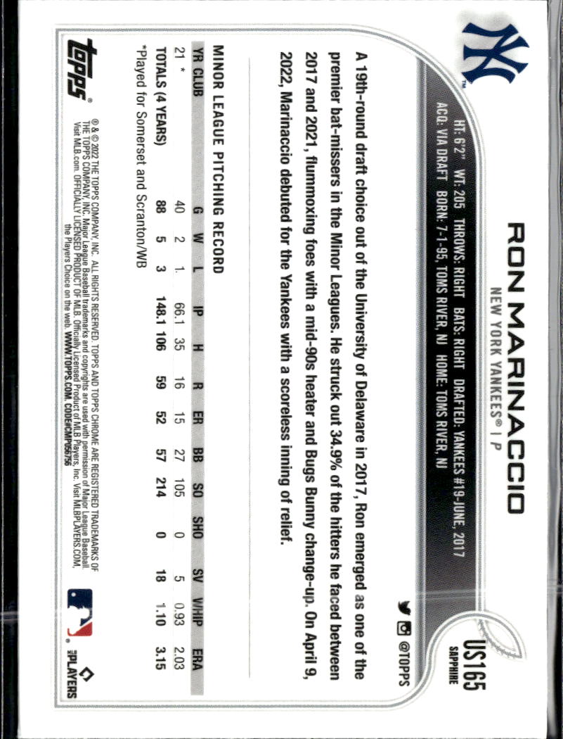 Ron Marinaccio 2022 Topps Chrome Sapphire Edition RC New York Yankees