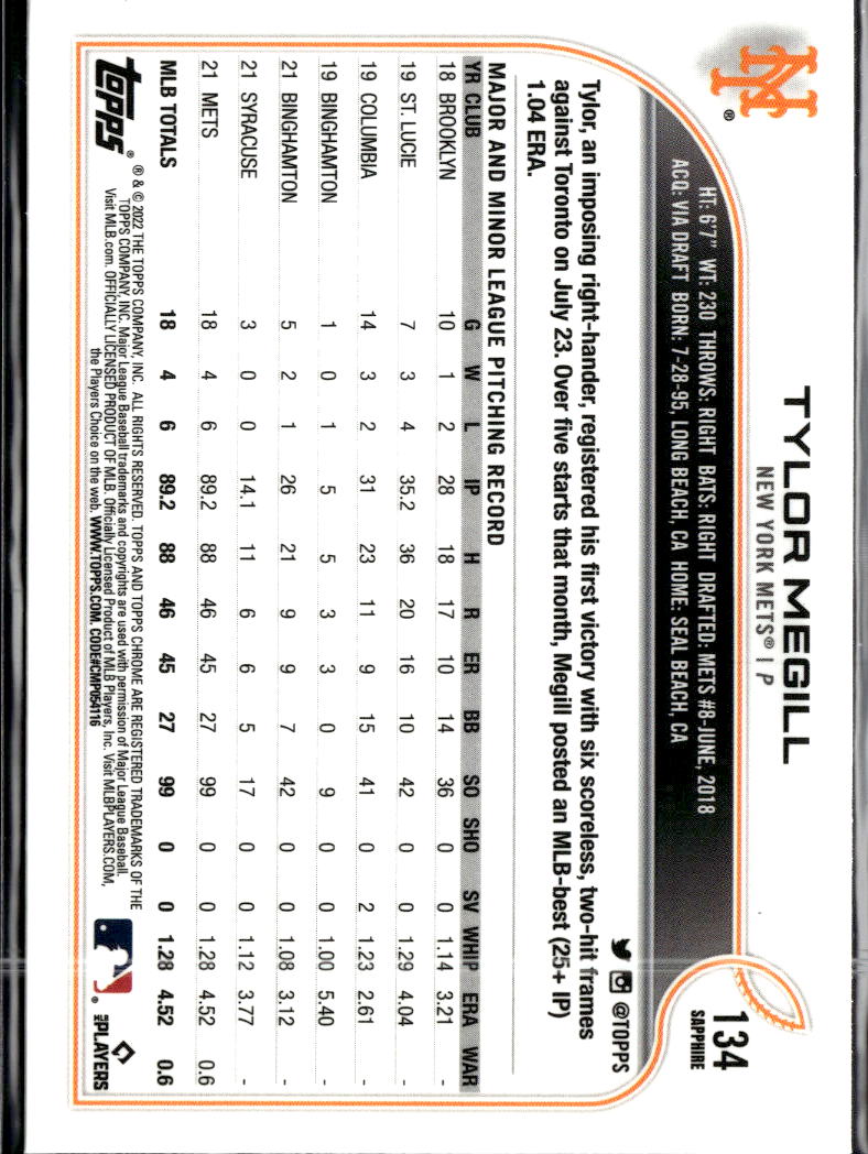 Tylor Megill 2022 Topps Chrome Sapphire Edition RC New York Mets