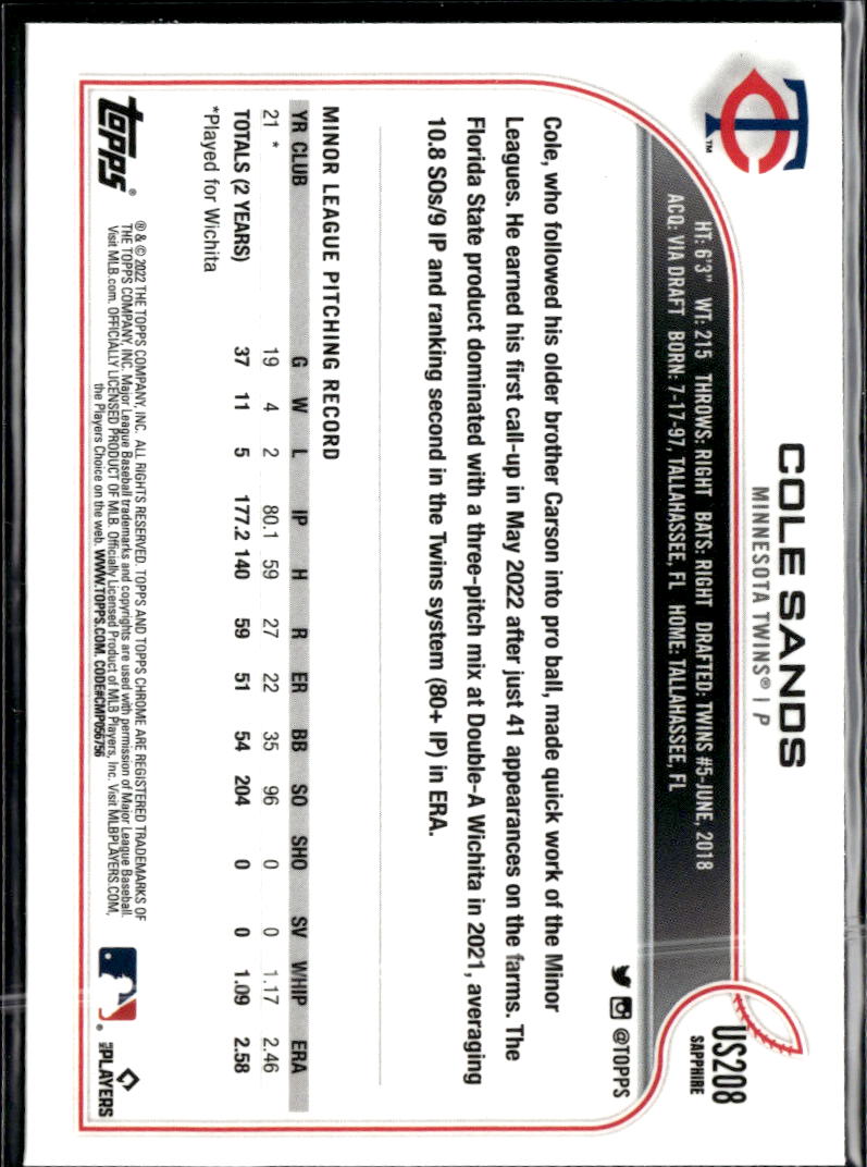 Cole Sands 2022 Topps Chrome Sapphire Update Series RC Minnesota Twins